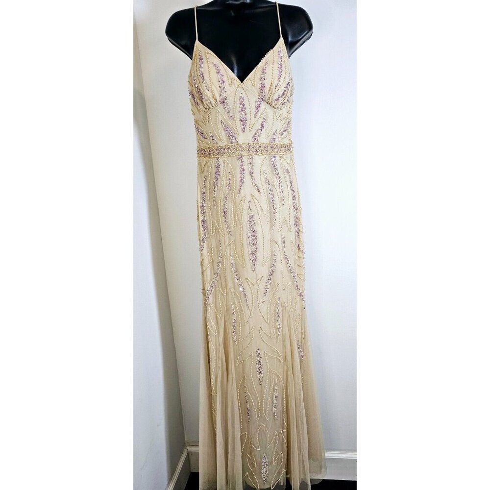 Jump Apparel Women's Beaded Mesh Gown - Beige - SZ 5/6